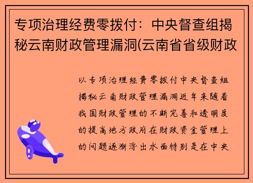 专项治理经费零拨付：中央督查组揭秘云南财政管理漏洞(云南省省级财政专项资金管理办法)
