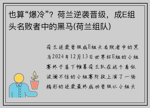 也算“爆冷”？荷兰逆袭晋级，成E组头名败者中的黑马(荷兰组队)